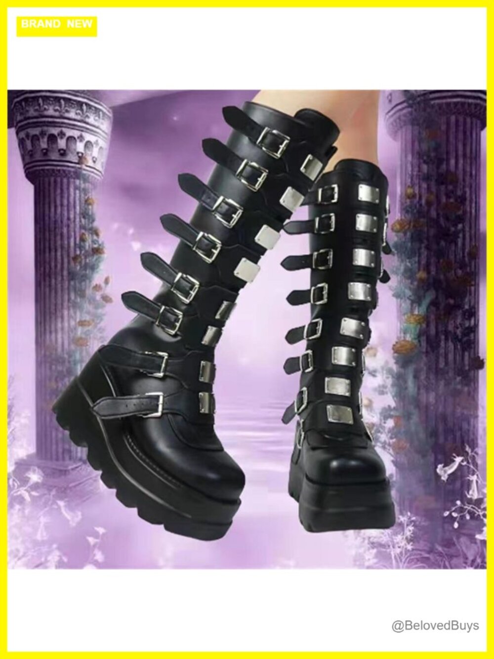 Platform Knee High Boots Chunky Heel Wedge Combat Goth Punk Motorcycle Zip - Picture 7 of 7